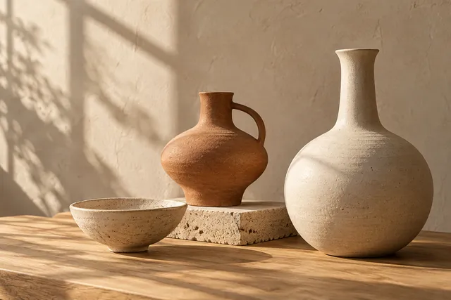 暖色工作室中的手作陶瓷花器、陶罐与浅碗